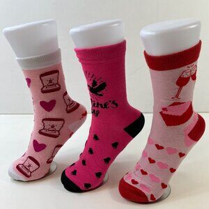 Valentine’s Day Themed Socks 3-Pack Women’s Crew Styles Fun Pink Heart Prints